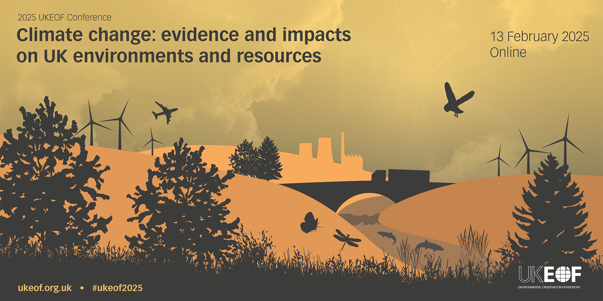 Conference graphic. A stylised landscape with biodiversity, a river, wind turbines, a plane and a power station and an orange and dark grey colour scheme.